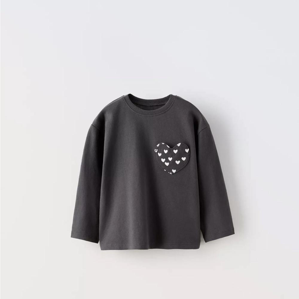 Zara Black Long Sleeve Kids Tee with Heart Patch - Size 4T - 5T